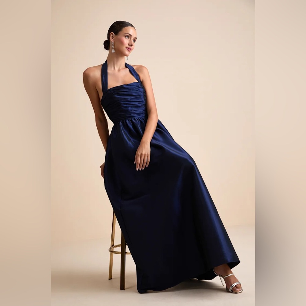 Rani Navy Taffeta Halter Maxi Dress LuLus